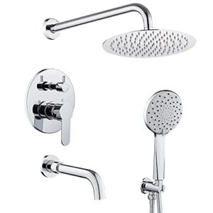 rovogo tub and shower faucet set, complete bathtub shower system with 10-in. round rain shower, 5-function handheld and tub spout, chrome (valve and trim kit included)