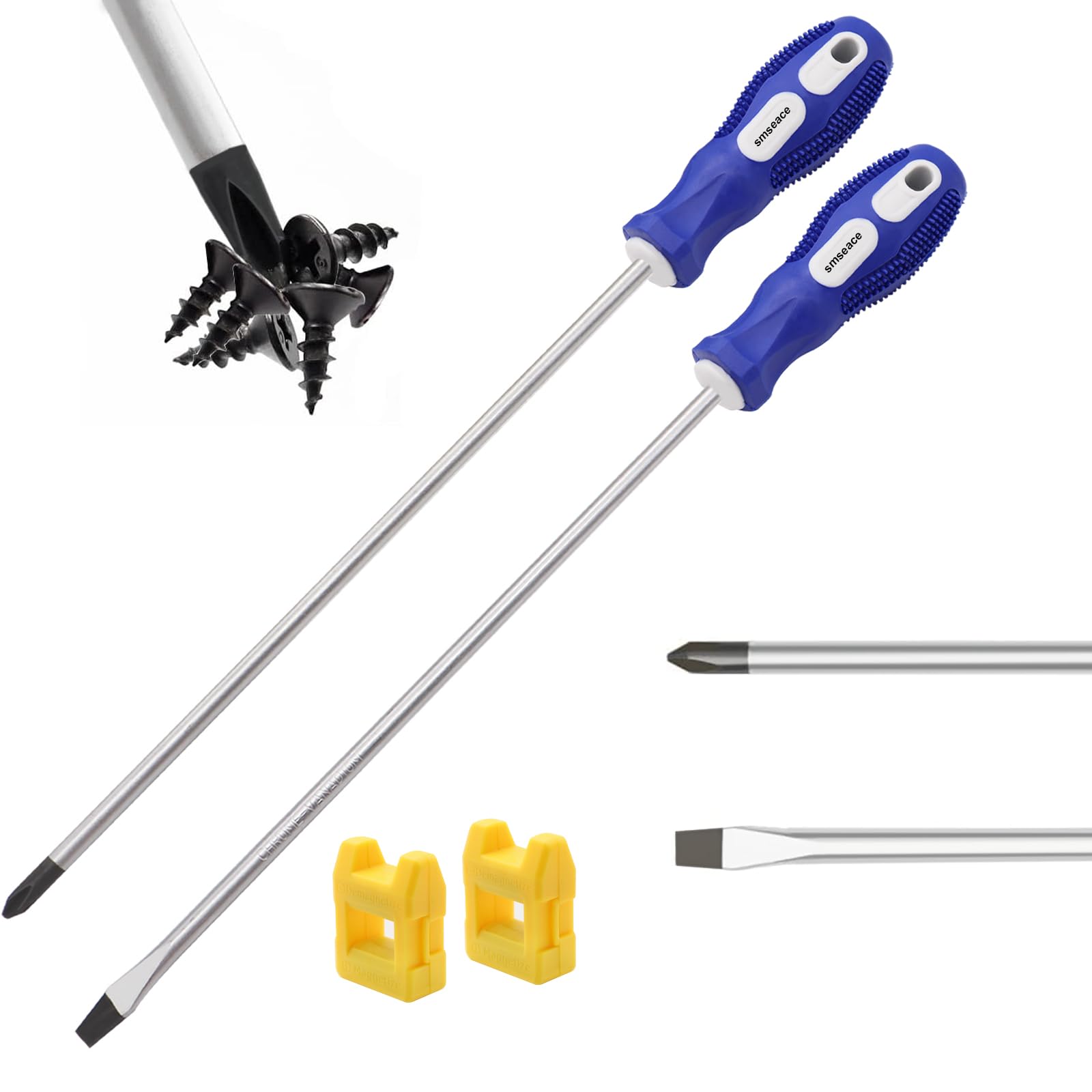 smseace 2 Packs Slotted And Phillips Screwdriver Set 12 "(PH2), Long Flat Blade Screwdriver And Cross-head Screwdriver, Magnetic Extended Screwdriver With Rubber Handle.E-007-2P