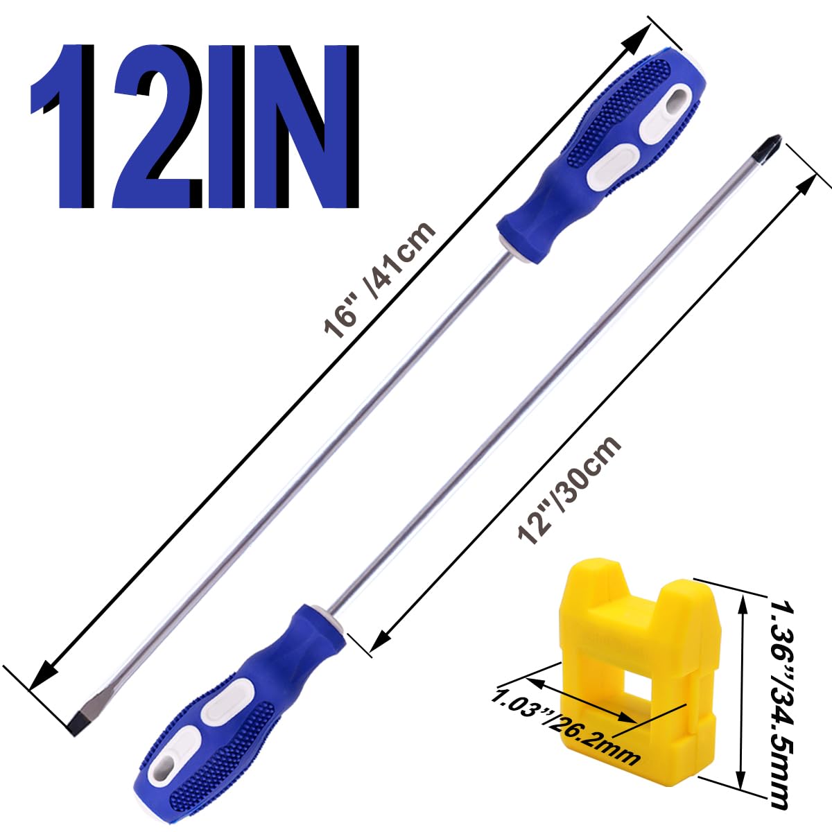 smseace 2 Packs Slotted And Phillips Screwdriver Set 12 "(PH2), Long Flat Blade Screwdriver And Cross-head Screwdriver, Magnetic Extended Screwdriver With Rubber Handle.E-007-2P