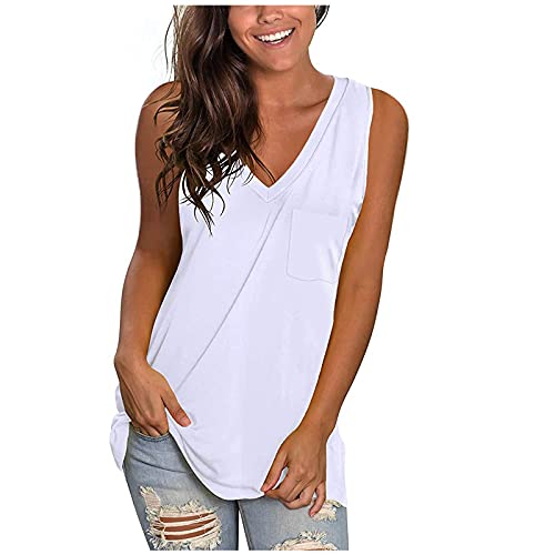 wodceeke Women's Solid Color Tank Tops Sleeveless V-neck T-shirt Summer Casual Loose Basic Vest Top (White, L)