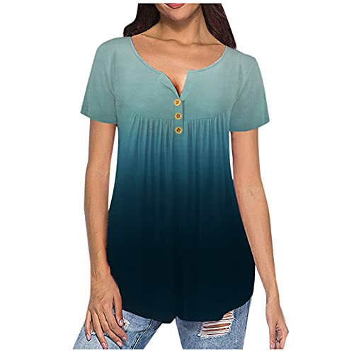 wodceeke Women's Gradient T-shirt Short Sleeve Round Neck Basic Button Tee Summer Casual Loose Top (Green, M)