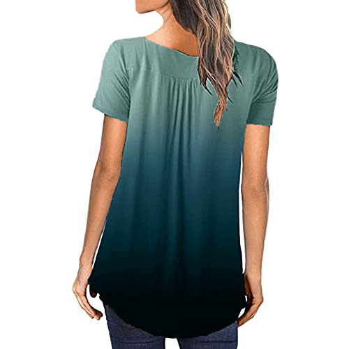 wodceeke Women's Gradient T-shirt Short Sleeve Round Neck Basic Button Tee Summer Casual Loose Top (Green, M)