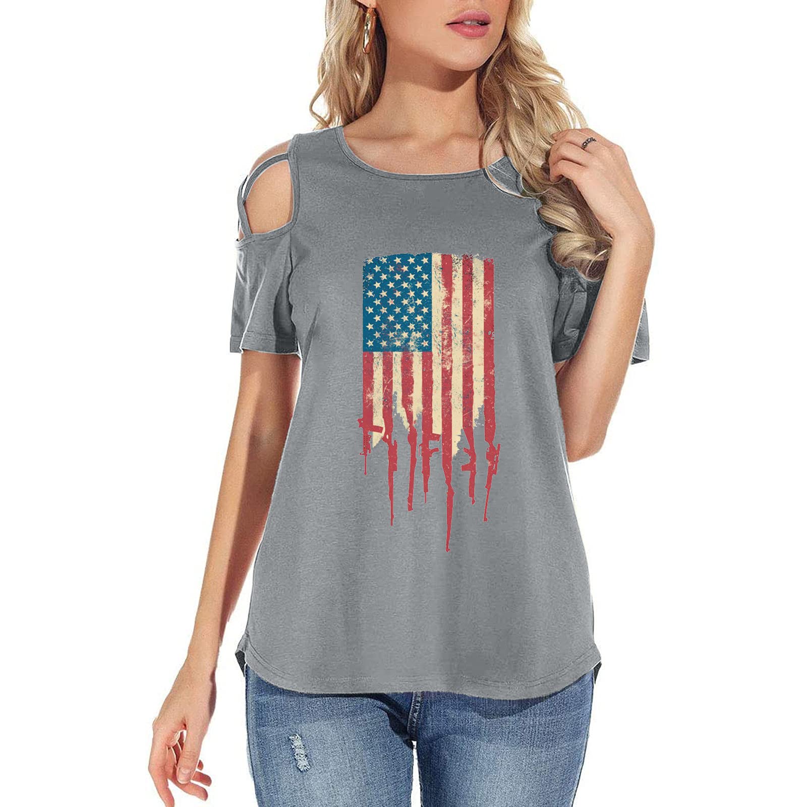 Women's Off-Shoulder Short-Sleeved T-Shirt American Flag Print Round Neck Basic Tee Casual Loose Independence Day Tops (Gray, L)