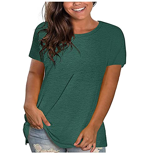 wodceeke Women's Top Round Neck Short Sleeve Plain T-shirt Plus Size Casual Basic Tee (Green, XL)