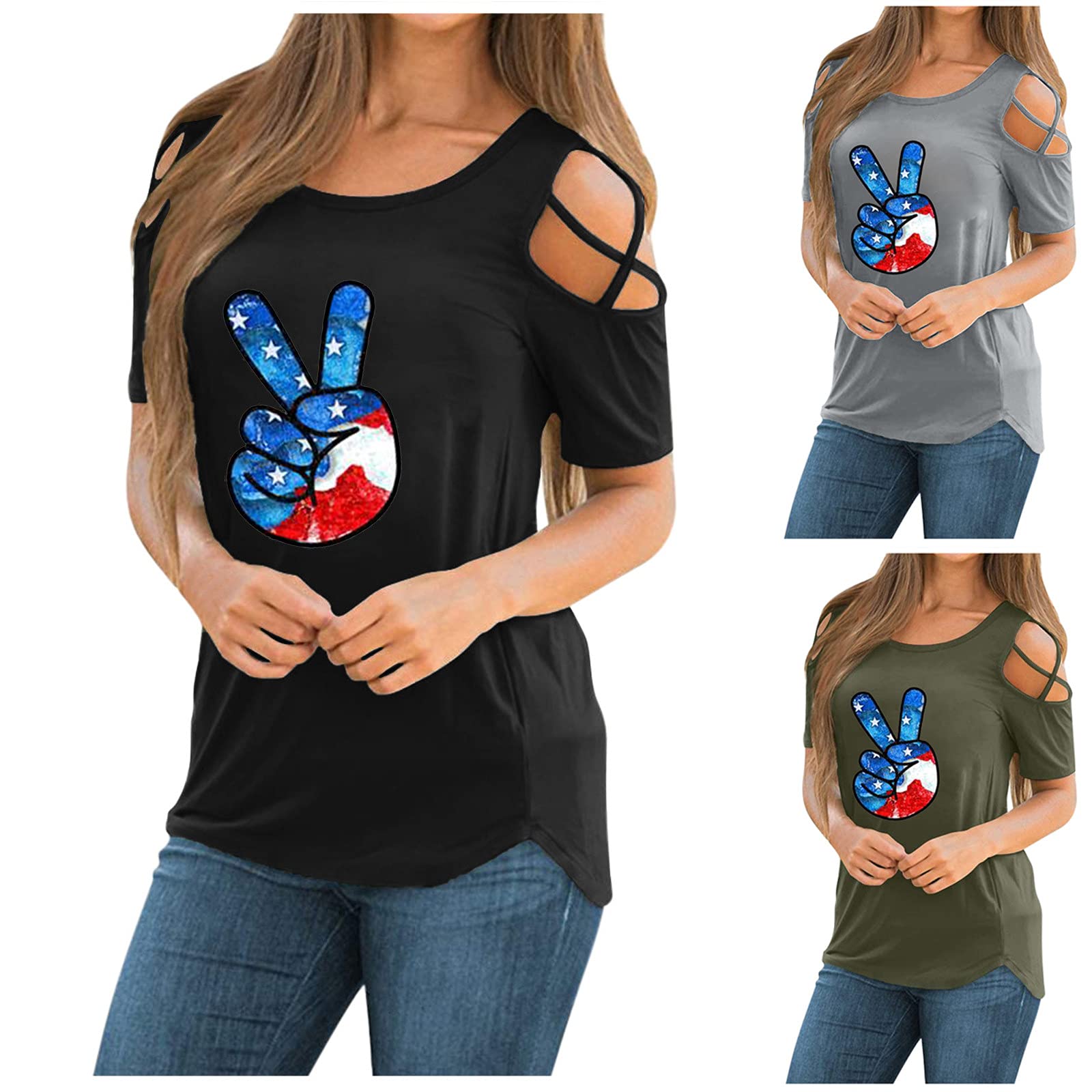 Women's Off-Shoulder Short-Sleeved T-Shirt American Flag Print Round Neck Basic Tee Casual Loose Independence Day Top (Black, L)