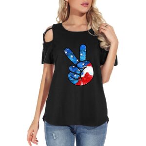 Women's Off-Shoulder Short-Sleeved T-Shirt American Flag Print Round Neck Basic Tee Casual Loose Independence Day Top (Black, L)