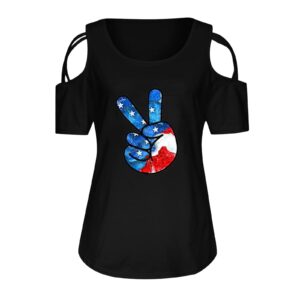 Women's Off-Shoulder Short-Sleeved T-Shirt American Flag Print Round Neck Basic Tee Casual Loose Independence Day Top (Black, L)