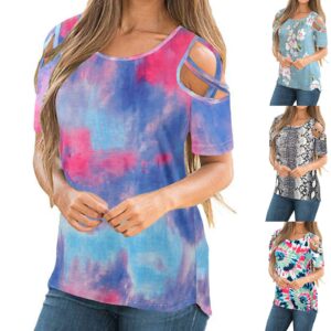 wodceeke Women's Short-Sleeved Off-Shoulder T-Shirt Tie Dye Plus Size Round Neck Tee Summer Casual Tops (Light blue, M)