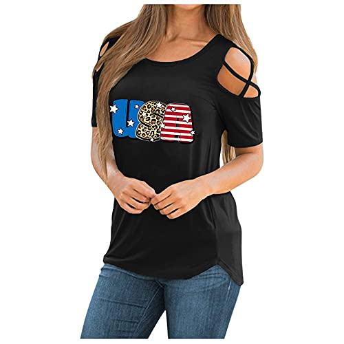 Womens Off-Shoulder Short-Sleeved T-Shirt American Flag Print Round Neck Basic Tee Casual Loose Independence Day Top (Black, S)