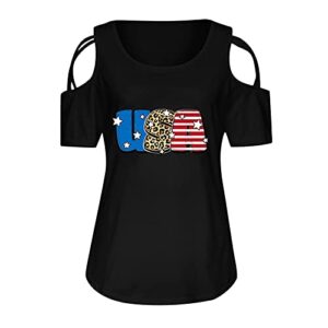 Womens Off-Shoulder Short-Sleeved T-Shirt American Flag Print Round Neck Basic Tee Casual Loose Independence Day Top (Black, S)