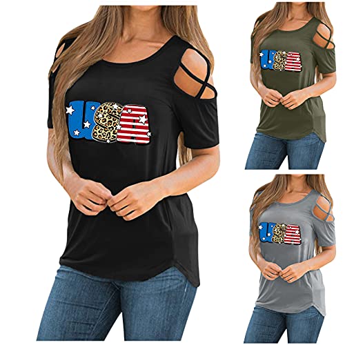 Womens Off-Shoulder Short-Sleeved T-Shirt American Flag Print Round Neck Basic Tee Casual Loose Independence Day Top (Black, S)