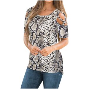 wodceeke women's short-sleeve off-shoulder t-shirt leopard plus size round neck tee summer casual tops (brown, xl)