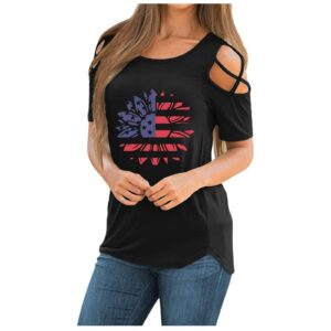 womens off-shoulder short-sleeved t-shirt american flag print round neck basic tee casual independence day tops (black, xl)