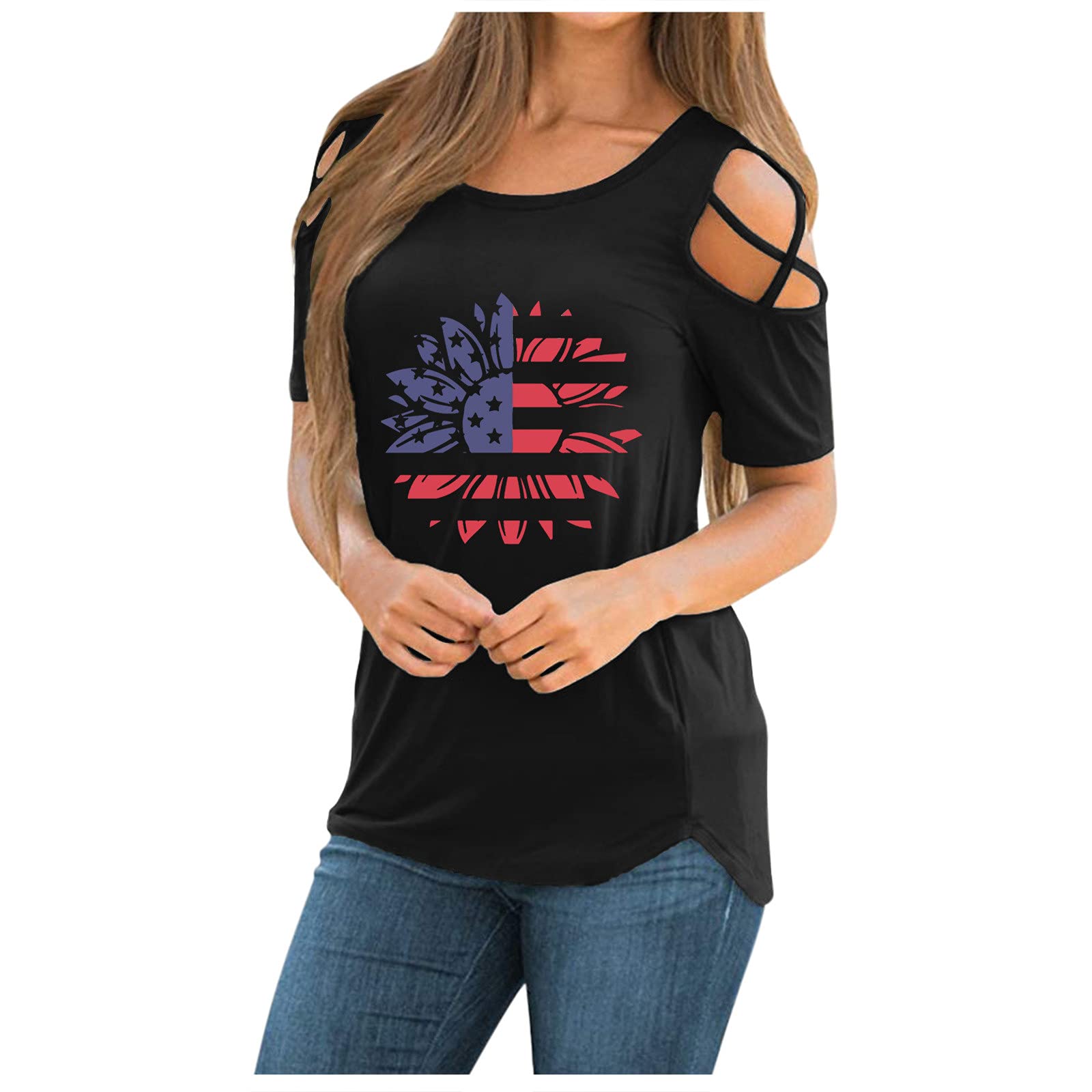 Womens Off-Shoulder Short-Sleeved T-Shirt American Flag Print Round Neck Basic Tee Casual Independence Day Tops (Black, XL)