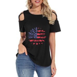 Womens Off-Shoulder Short-Sleeved T-Shirt American Flag Print Round Neck Basic Tee Casual Independence Day Tops (Black, XL)