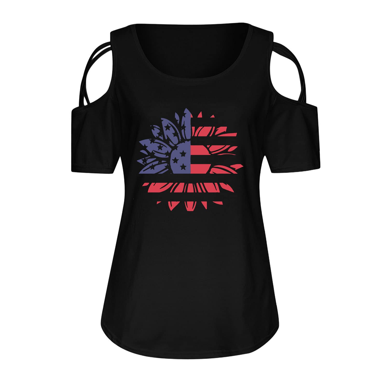 Womens Off-Shoulder Short-Sleeved T-Shirt American Flag Print Round Neck Basic Tee Casual Independence Day Tops (Black, XL)