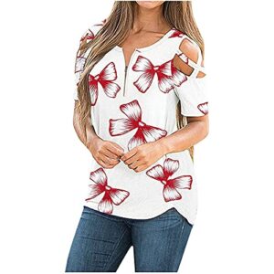 wodceeke women's short-sleeve off-shoulder t-shirt floral plus size zipper round neck tee summer casual tops (pink, xl)