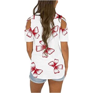 wodceeke Women's Short-Sleeve Off-Shoulder T-Shirt Floral Plus Size Zipper Round Neck Tee Summer Casual Tops (Pink, XL)