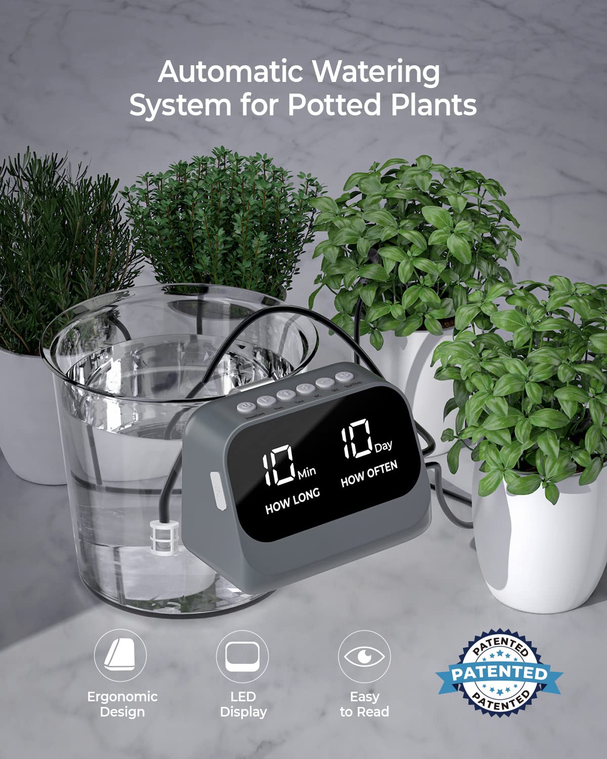 Automatic Watering System for Potted Plants, Plant Waterer with Smart Programmable Timer, Waterproof LED Display & Large Capacity Battery, Precise Distribution of Water, Gray