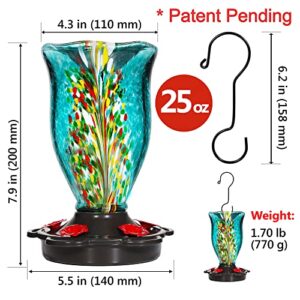 LUJII Hummingbird Feeders for Outdoors with Ant Guard, Blown Glass Hummingbird Feeder for Outside Hanging, 25 oz, Never Leak, Unfading & Anti-Rust, Flower Vase, Garden Backyard Patio Decor, Blue