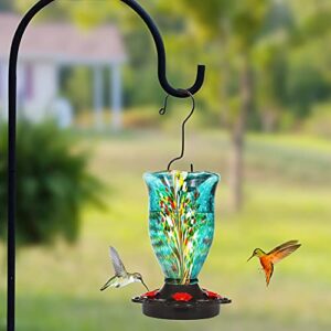 LUJII Hummingbird Feeders for Outdoors with Ant Guard, Blown Glass Hummingbird Feeder for Outside Hanging, 25 oz, Never Leak, Unfading & Anti-Rust, Flower Vase, Garden Backyard Patio Decor, Blue