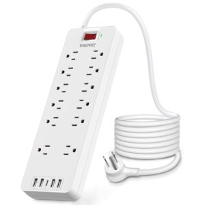 power strip, yohinsiz surge protector with 12 outlets and 4 usb ports & 1 usb-c port(5v/3a),6ft extension cord flat plug for home&office,black/white (white)