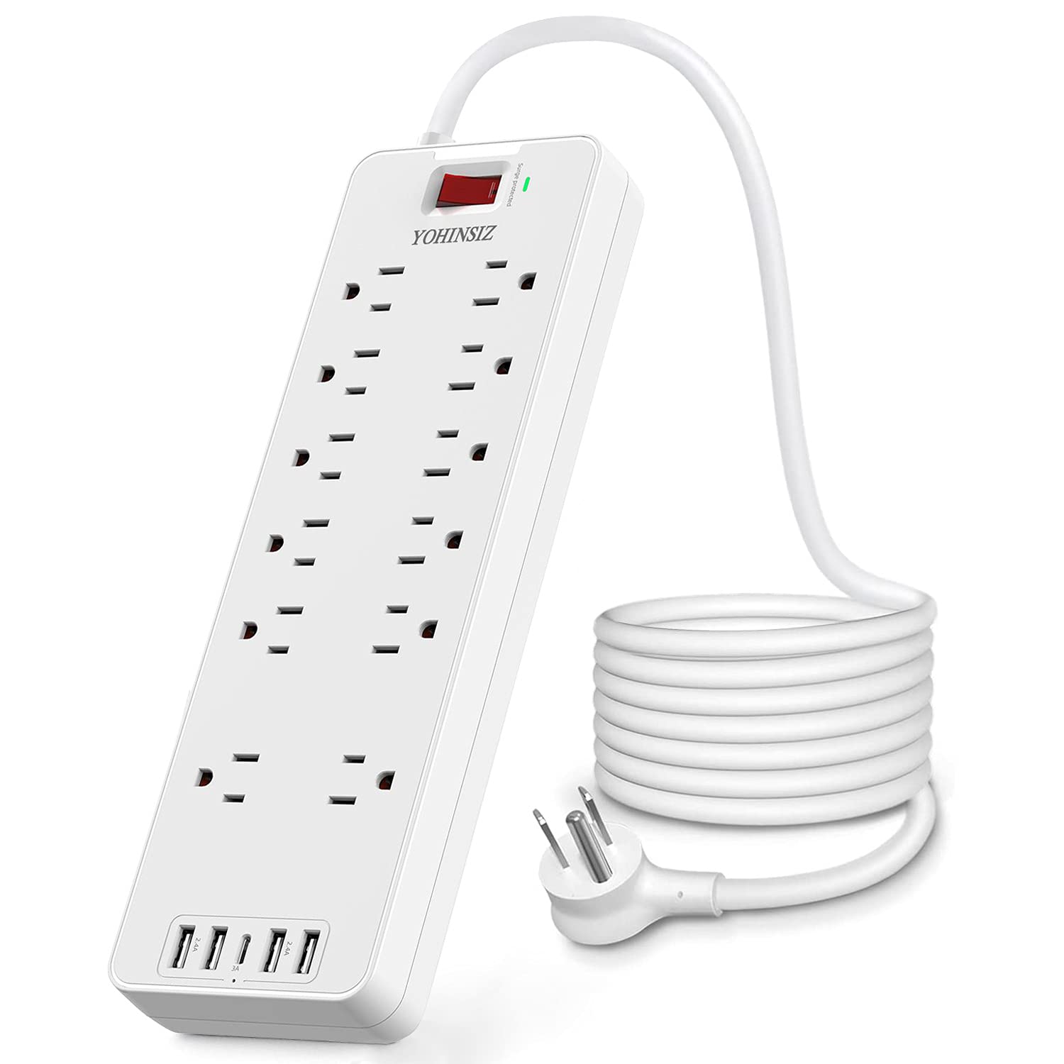 Power Strip, YOHINSIZ Surge Protector with 12 outlets and 4 USB Ports & 1 USB-C Port(5V/3A),6FT Extension Cord Flat Plug for Home&Office,Black/White (White)