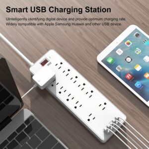 Power Strip, YOHINSIZ Surge Protector with 12 outlets and 4 USB Ports & 1 USB-C Port(5V/3A),6FT Extension Cord Flat Plug for Home&Office,Black/White (White)