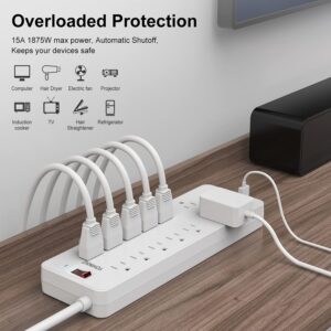 Power Strip, YOHINSIZ Surge Protector with 12 outlets and 4 USB Ports & 1 USB-C Port(5V/3A),6FT Extension Cord Flat Plug for Home&Office,Black/White (White)
