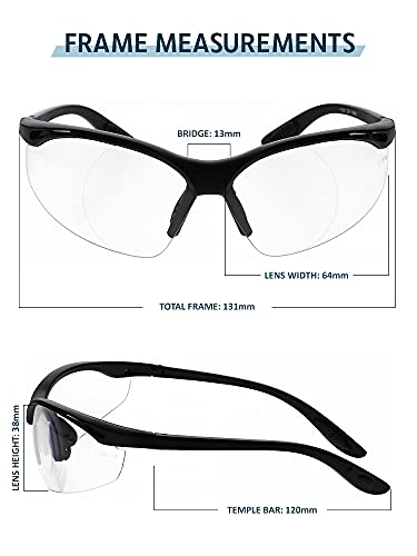 Full Lens Magnifying Safety Glasses - Safety Reading Glasses for Men, Women, Work, Healthcare, Riding - with Black Lightweight Wrap-Around Frame - Z87.1 Certified - UV Protection - Clear Lens, 1.50