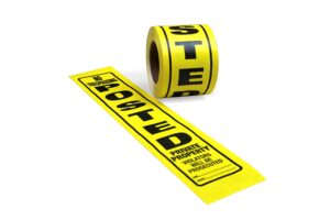 wristco posted sign yellow private property for outdoors - 4" x 20" 100 per roll weatherproof tear-resistant tyvek high visibility for warning no trespassing hunting fishing trapping