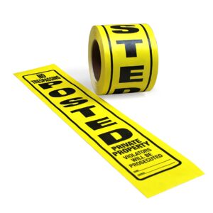 WristCo Posted Sign Yellow Private Property for outdoors - 4" x 20" 100 per Roll weatherproof tear-resistant Tyvek high visibility for warning no trespassing hunting fishing trapping