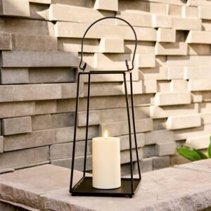 lamplust indoor outdoor lantern decorative candle lantern, 12 inch battery operated lantern, black metal with no glass, flameless led candle, outdoor lanterns for front porch patio table decor