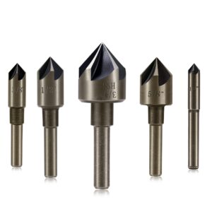 5-piece hss countersink drill bit set for wood and metal - 82 degree 5 flute high speed steel with 6mm hex shank - sizes 1/4'' to 3/4'' - includes bit case