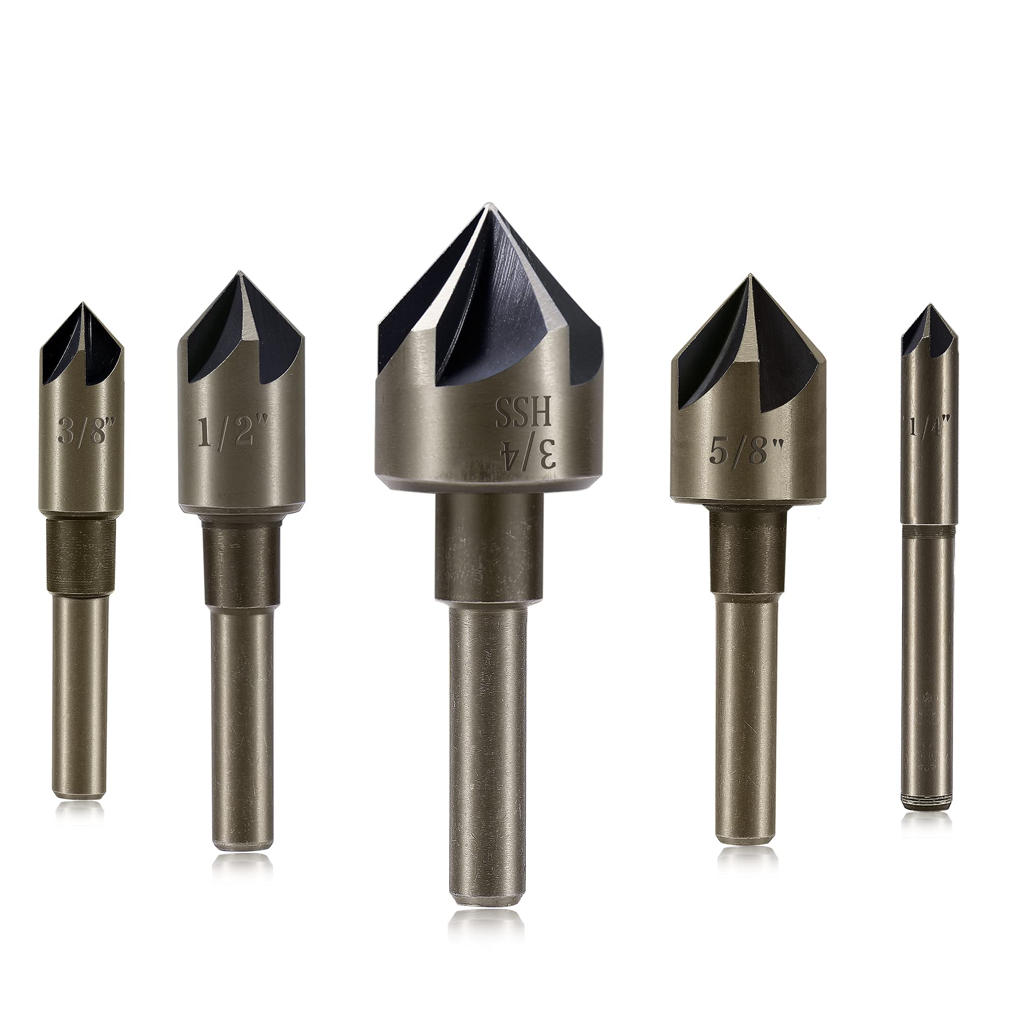 5-Piece HSS Countersink Drill Bit Set for Wood and Metal - 82 Degree 5 Flute High Speed Steel with 6mm Hex Shank - Sizes 1/4'' to 3/4'' - Includes Bit Case