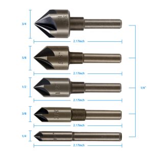 5-Piece HSS Countersink Drill Bit Set for Wood and Metal - 82 Degree 5 Flute High Speed Steel with 6mm Hex Shank - Sizes 1/4'' to 3/4'' - Includes Bit Case