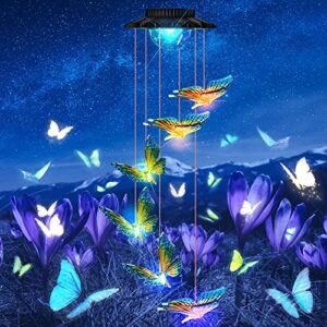 solar wind chimes, led butterfly color changing outdoor indoor waterproof mobile decorative outdoor hanging solar lights for home patio yard garden decor birthday great gifts