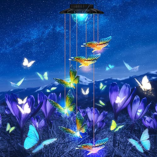 Solar Wind Chimes, LED Butterfly Color Changing Outdoor Indoor Waterproof Mobile Decorative Outdoor Hanging Solar Lights for Home Patio Yard Garden Decor Birthday Great Gifts