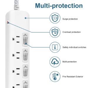 Power Strip Extension Cord 6 Ft, 6 Rotating Outlets & 4 USB Charging Ports, 1875W, 1020 J, Flat Plug Wall Mount Surge Protector Strips for Home, Office, White