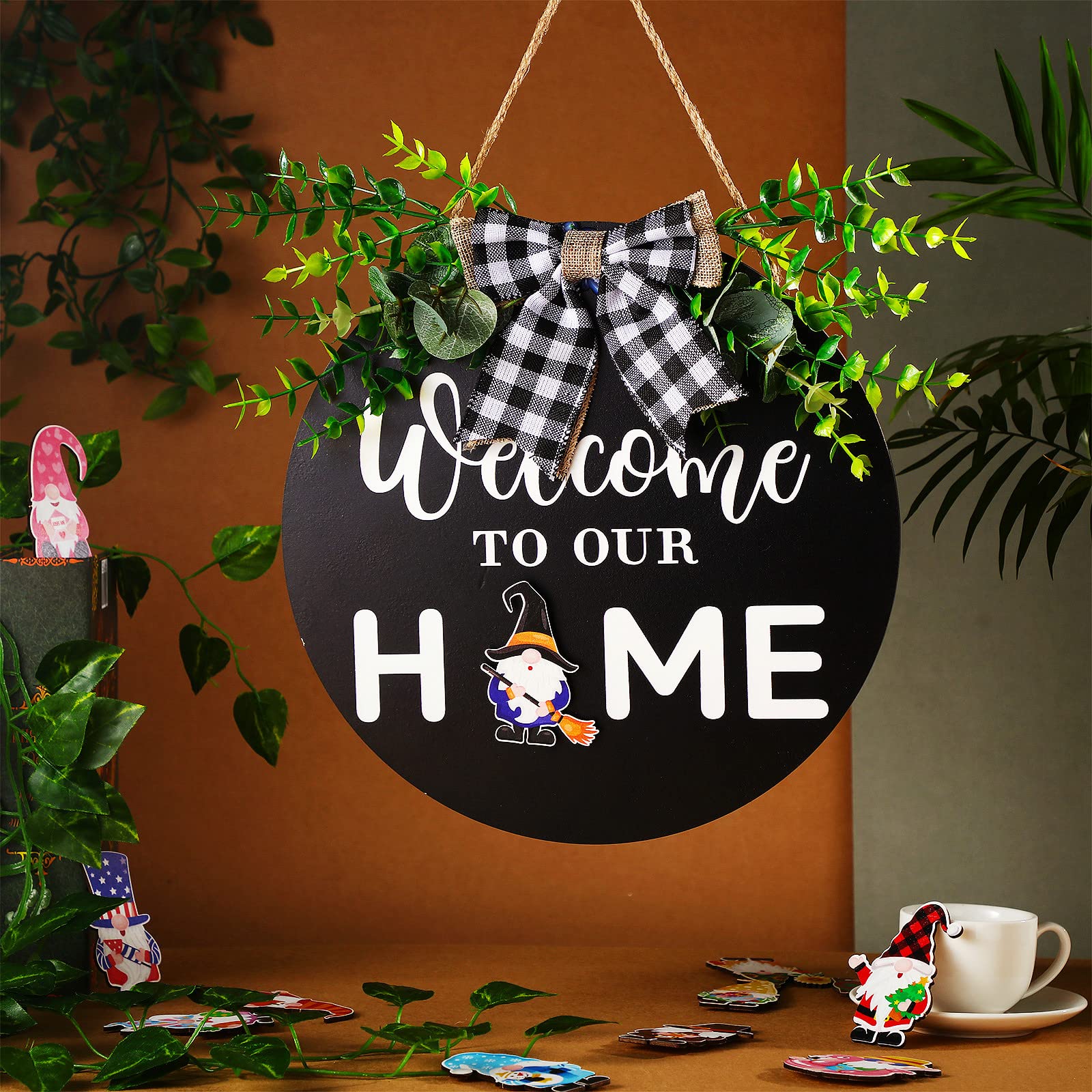 Gnome Wooden Seasonal Welcome Door Sign Interchangeable Welcome to Our Home Round Wood Hanging Front Door Sign with Burlap Bow with 12 Seasonal Ornament for Independence Day Holiday Porch (Black)