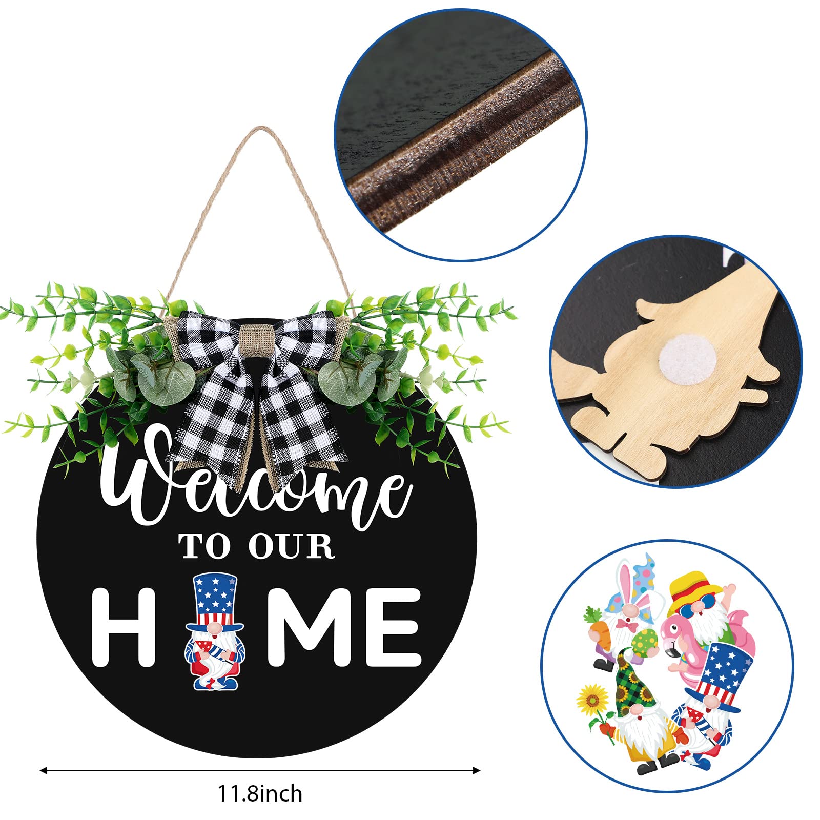 Gnome Wooden Seasonal Welcome Door Sign Interchangeable Welcome to Our Home Round Wood Hanging Front Door Sign with Burlap Bow with 12 Seasonal Ornament for Independence Day Holiday Porch (Black)