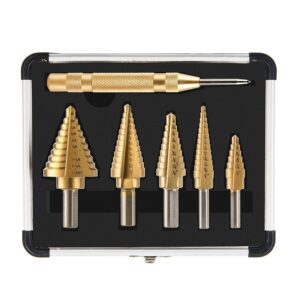 step drill bit set, step bit for metal 6pcs, titanium high speed steel 50 sizes (1/8''-1 3/8'') with automatic center punch and aluminum case, multiple hole stepped up bits for diy lovers