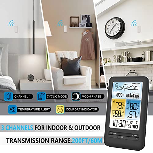 KALEVOL Weather Stations Indoor Outdoor Thermometer Wireless Color Display Temperature Humidity Monitor with Atomic Clock and Adjustable Backlight, Weather Thermometers with Barometer and Moon Phase…