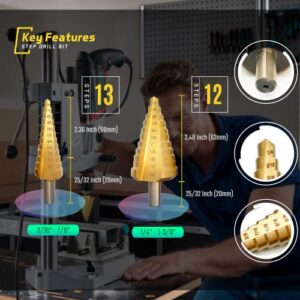 Step Drill Bit for Metal, Step Drill Bit, CORTOOL Titanium High Speed Steel Step Drill Bit Set, Unibit Step Drill Bit, Heavy Duty Step Bit, HSS Drill Bit Set Total 23 Sizes 1/4"-1-3/8", 3/16"-7/8"