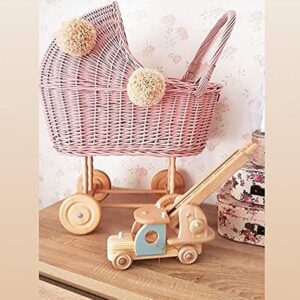 CACKOO Handmade Wicker Pram For Dolls With Cotton Bedding Sheets And Handmade Pom-Poms Ideal As Birthday Gift Natural Pink