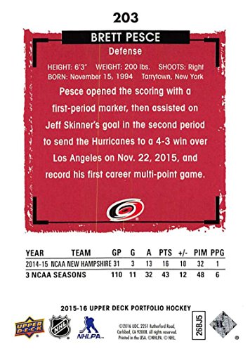 2015-16 Upper Deck Portfolio #203 Brett Pesce RC Rookie Card Carolina Hurricanes Hockey Card