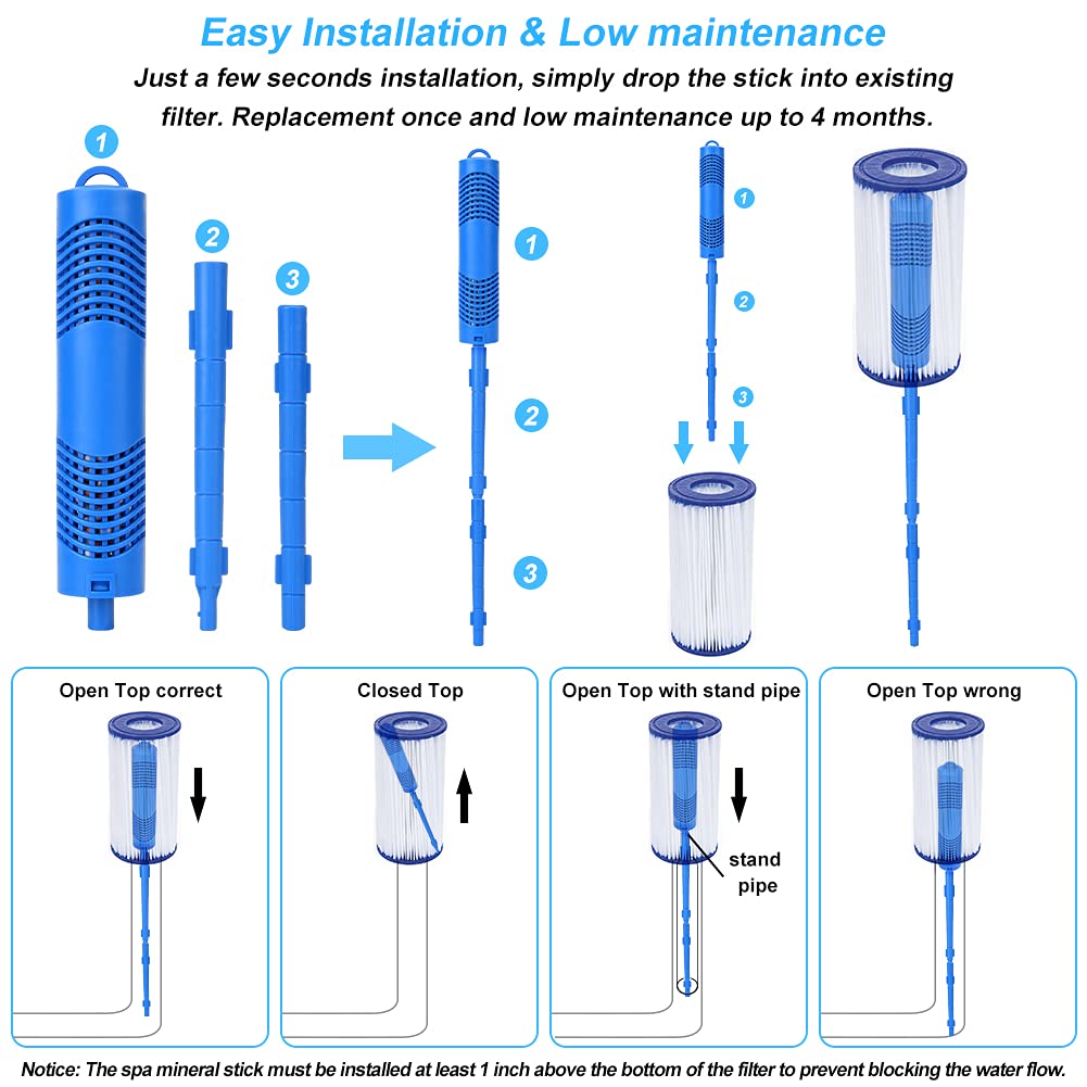 ACETOP Spa Mineral Stick 2 Pack Hot Tub Filter with 4 Months Lifetime Cartridge Universal for Spas Filters Swimming Pool Fish Pond (Blue)