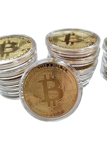 10 Pcs Bitcoin Coin Souvenir with Coin Case, Physical Bitcoin Collection, Gold Plated Bitcoin for Commemoration, Crypto Currency Coin BTC for Gift, Gold Bitcoin Tokens