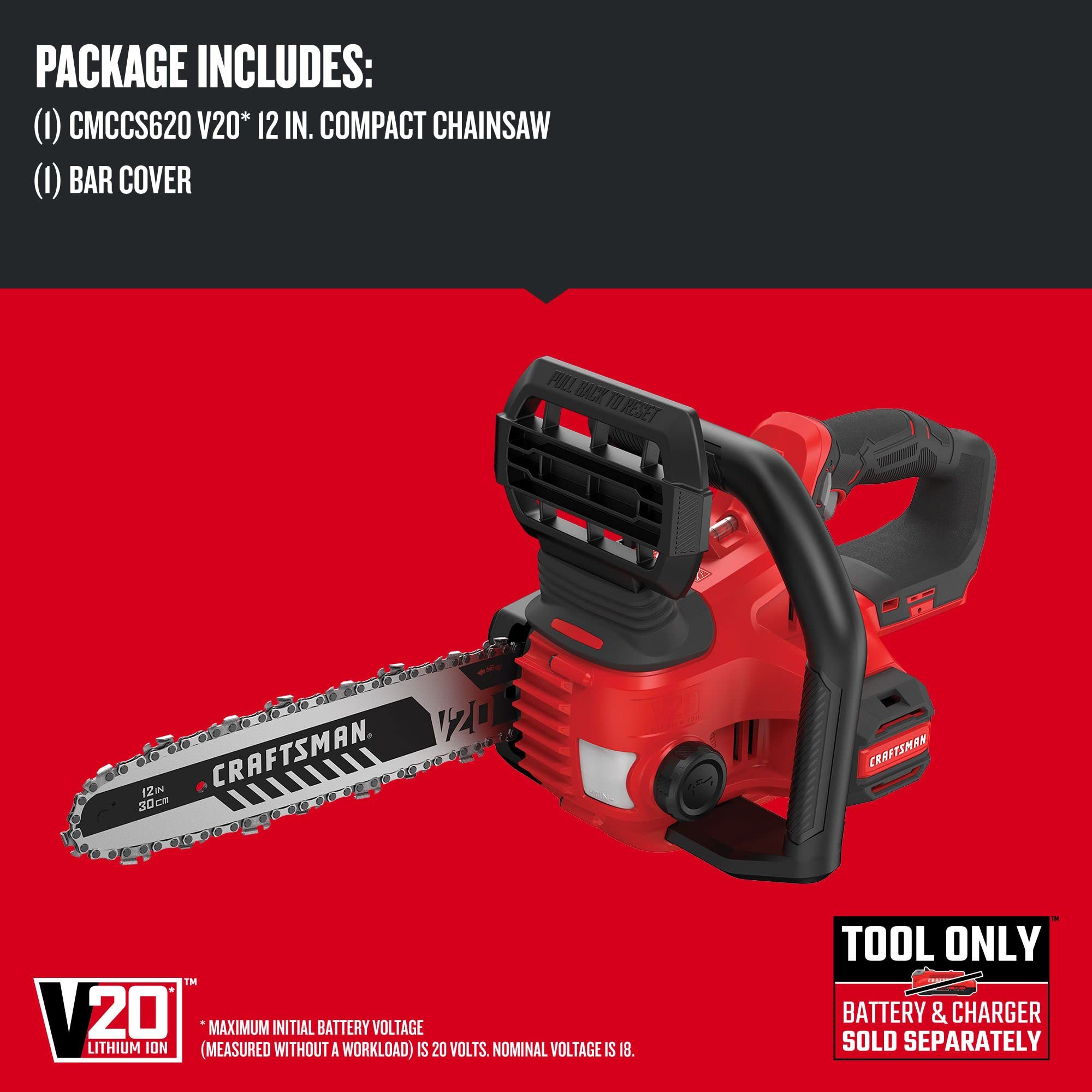 CRAFTSMAN V20 Mini Chainsaw, Cordless, 12 inch, Bare Tool Only (CMCCS620B)