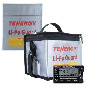 tenergy 5-in-1 intelligent digital cell meter battery checker and fire retardant lipo bags for charging and storage